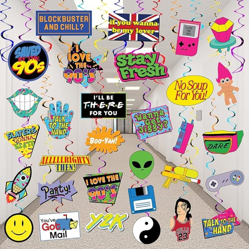 32 Piece 90s Party Hanging Swirls Decorations, Throwback 1990s Themed Party